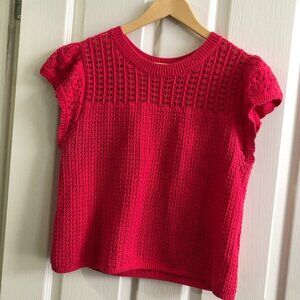 GAP Vibrant Pink Pointelle Flutter Sleeve Cropped Knit Sweater Top